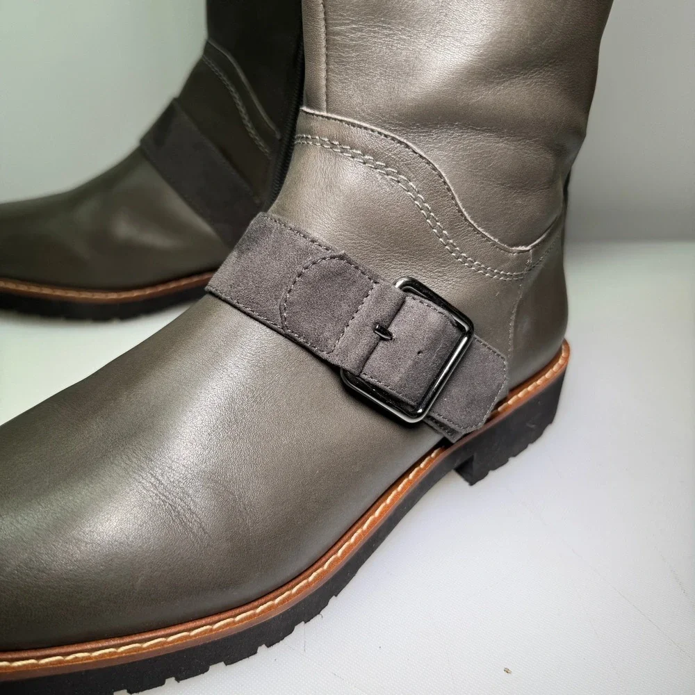 New Franco‎ Sarto Cutler Tall Riding Boots Womens 10M Grey Leather Buckle Knee